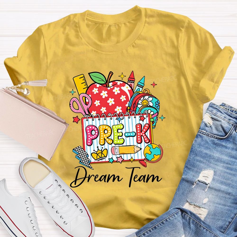 Personalized Grade Pre-K Dream Team Doodle Apple Backpack Crayon Globe Notebook Teacher T-shirt