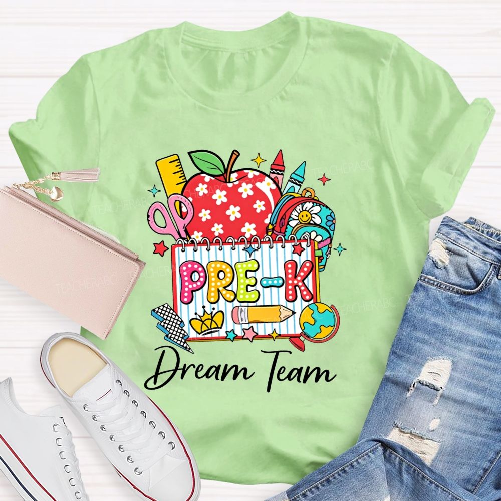 Personalized Grade Pre-K Dream Team Doodle Apple Backpack Crayon Globe Notebook Teacher T-shirt