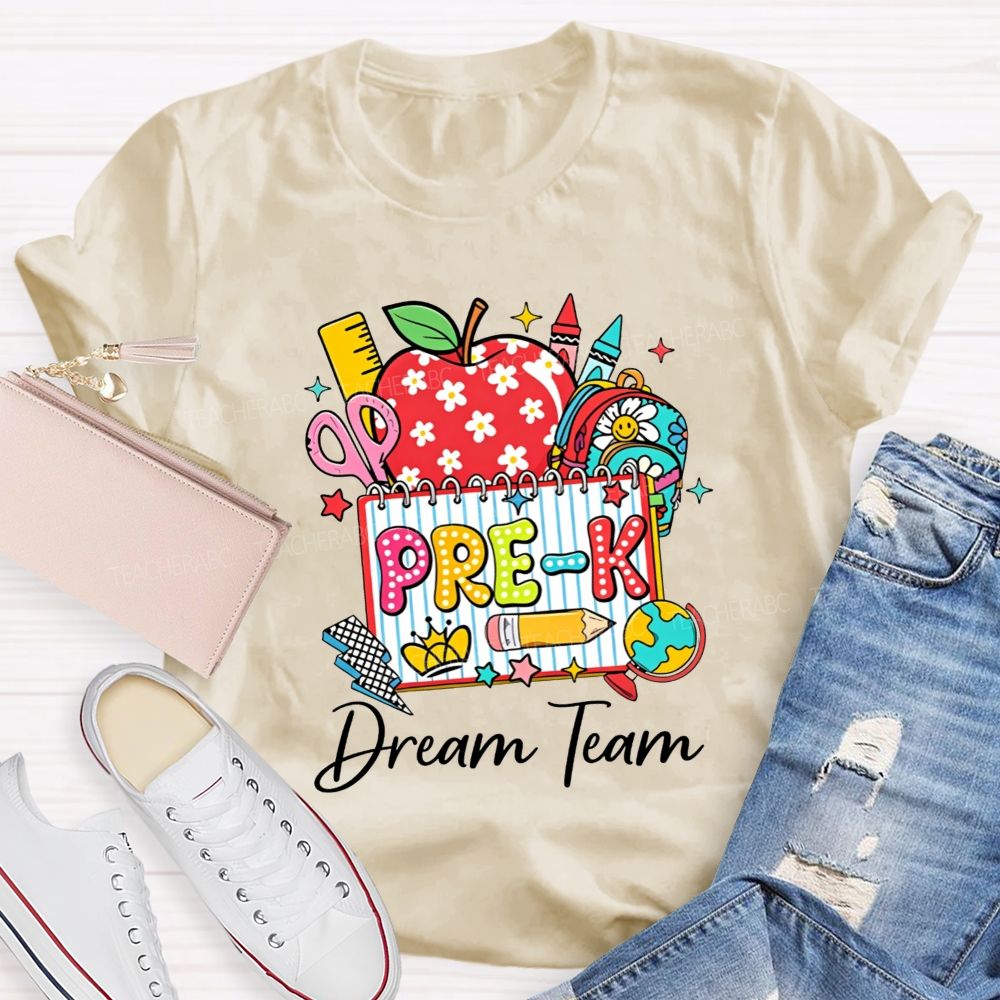 Personalized Grade Pre-K Dream Team Doodle Apple Backpack Crayon Globe Notebook Teacher T-shirt