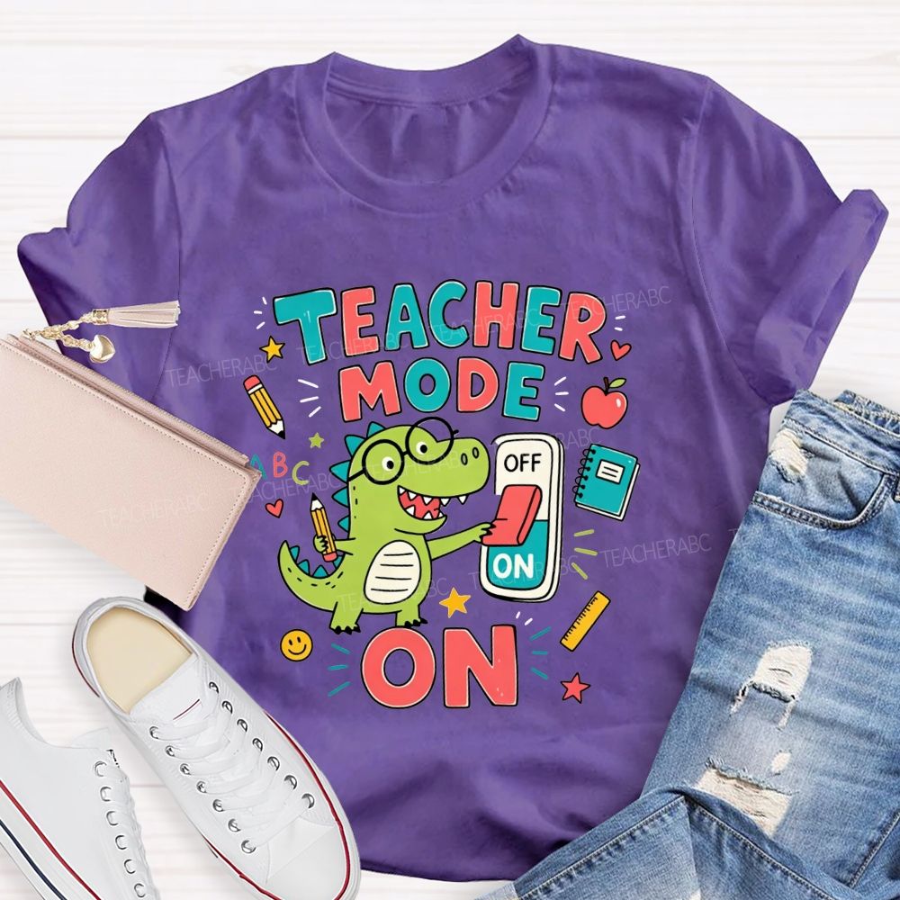 Teacher Mode On Cute Green Dinosaur Glasses Teacher T-shirt
