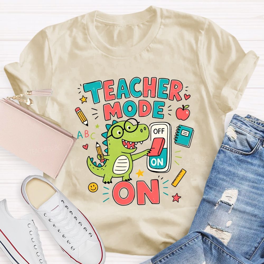 Teacher Mode On Cute Green Dinosaur Glasses Teacher T-shirt