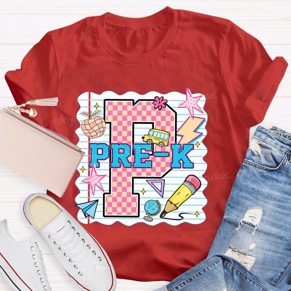 Personalized grade p is for pre k Pink Plaid Letters Teacher T-shirt