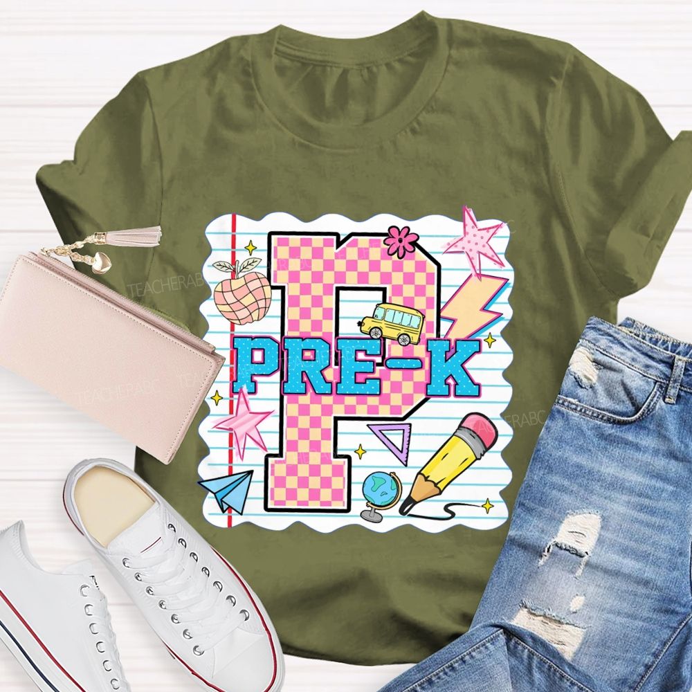 Personalized grade p is for pre k Pink Plaid Letters Teacher T-shirt