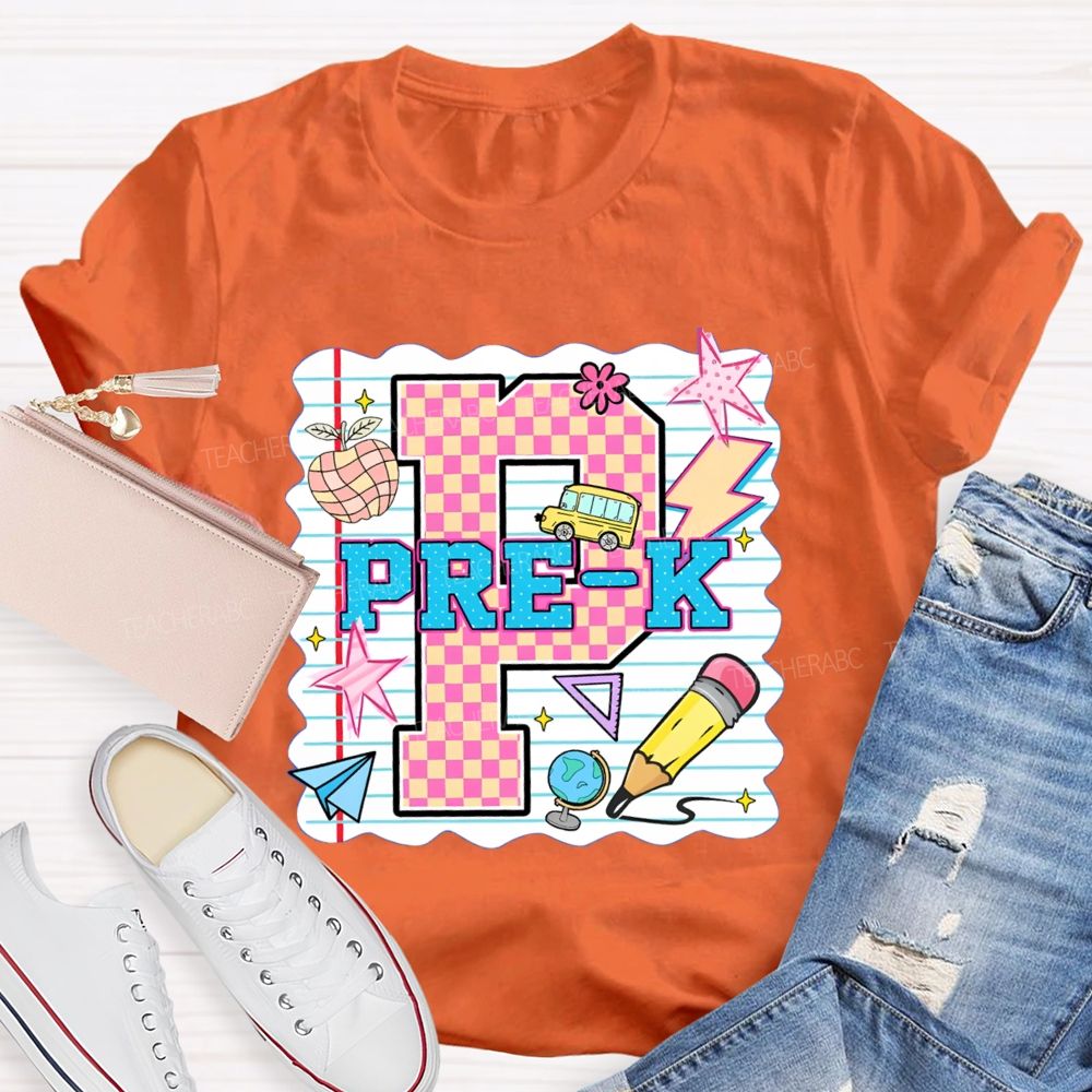 Personalized grade p is for pre k Pink Plaid Letters Teacher T-shirt
