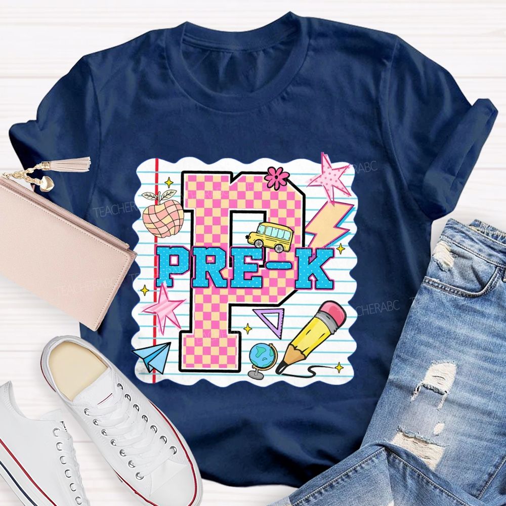 Personalized grade p is for pre k Pink Plaid Letters Teacher T-shirt