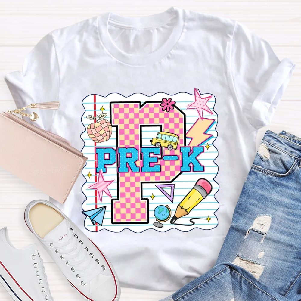Personalized grade p is for pre k Pink Plaid Letters Teacher T-shirt