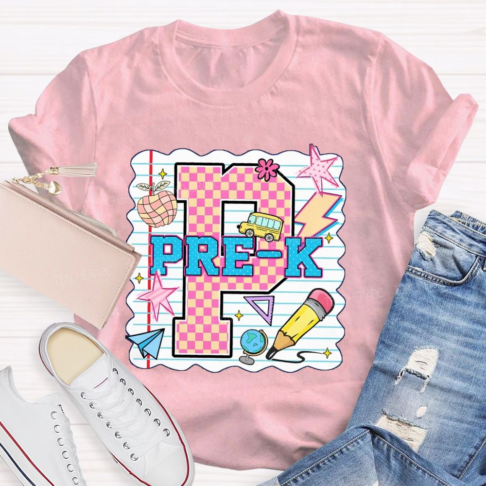 Personalized grade p is for pre k Pink Plaid Letters Teacher T-shirt
