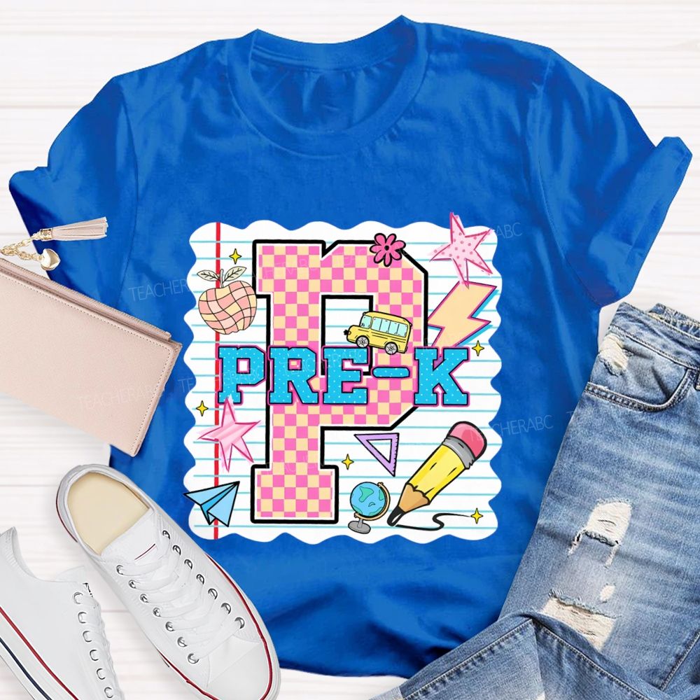 Personalized grade p is for pre k Pink Plaid Letters Teacher T-shirt