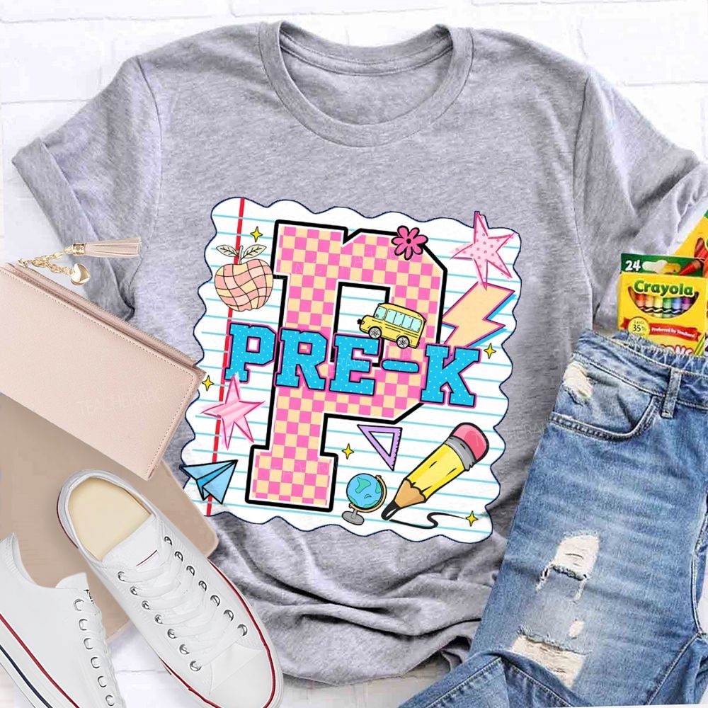 Personalized grade p is for pre k Pink Plaid Letters Teacher T-shirt
