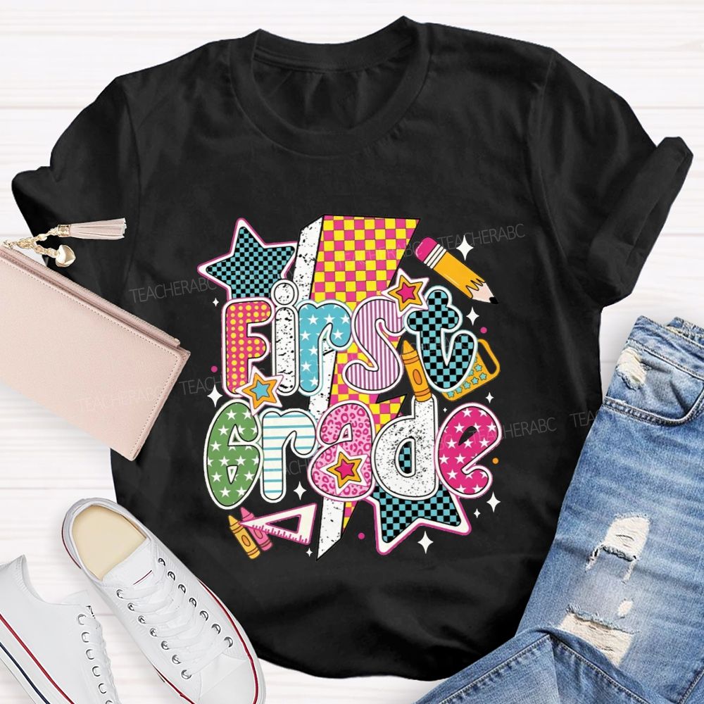 Personalized Grade Colorful Groovy First Grade Teacher T-shirt