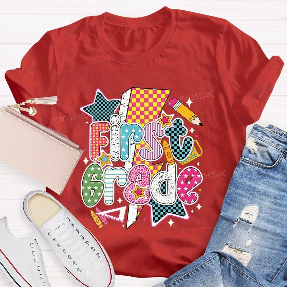 Personalized Grade Colorful Groovy First Grade Teacher T-shirt