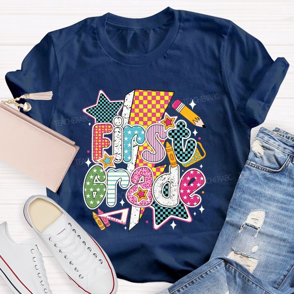 Personalized Grade Colorful Groovy First Grade Teacher T-shirt