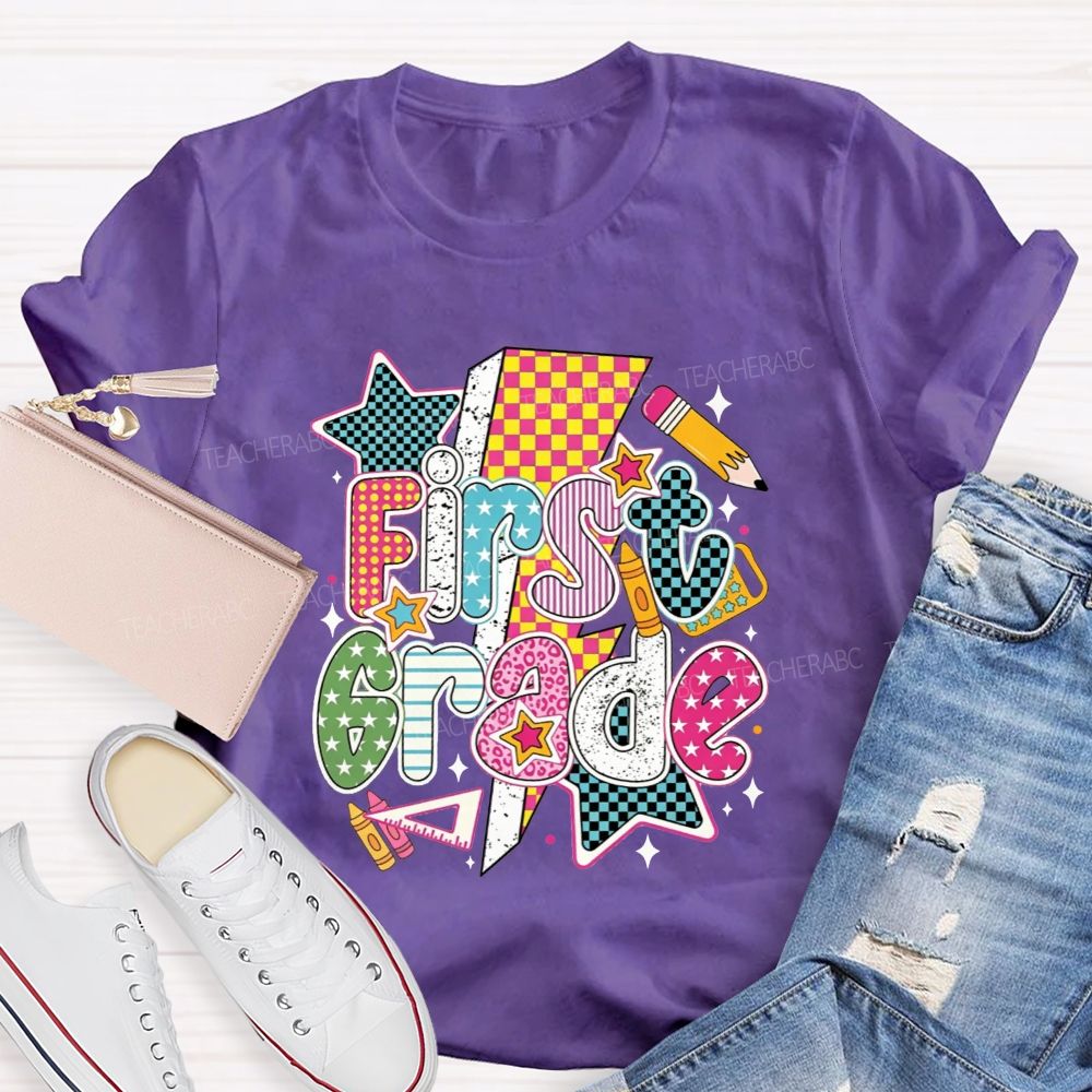Personalized Grade Colorful Groovy First Grade Teacher T-shirt
