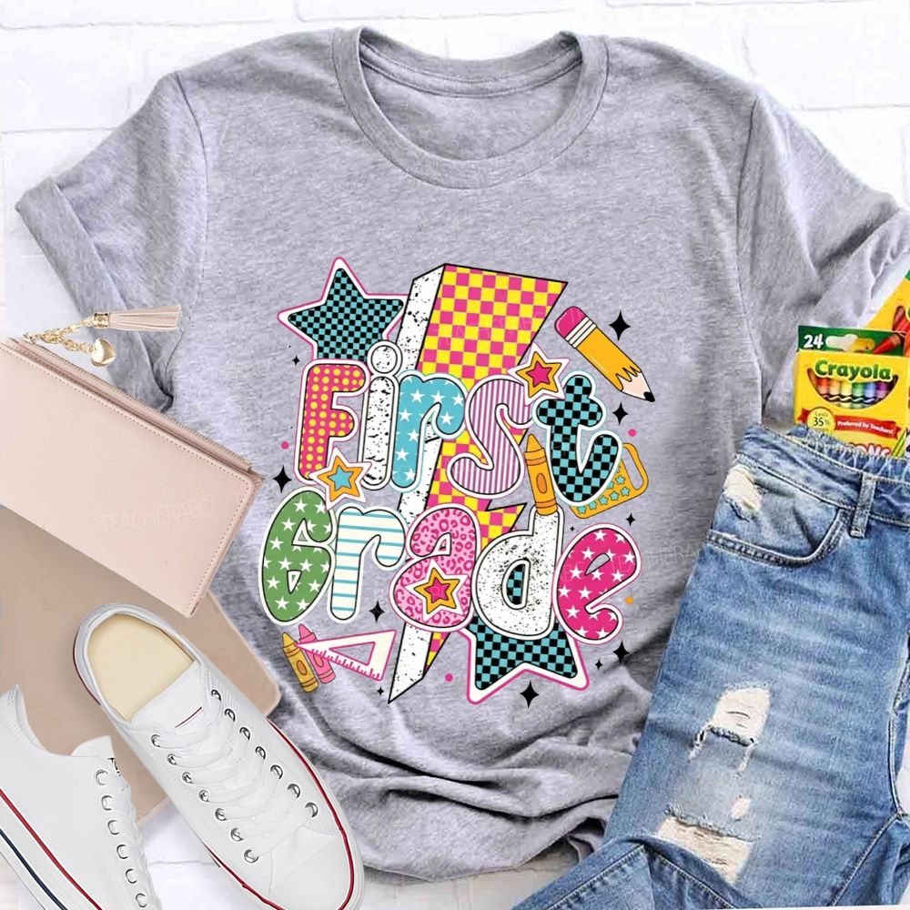 Personalized Grade Colorful Groovy First Grade Teacher T-shirt