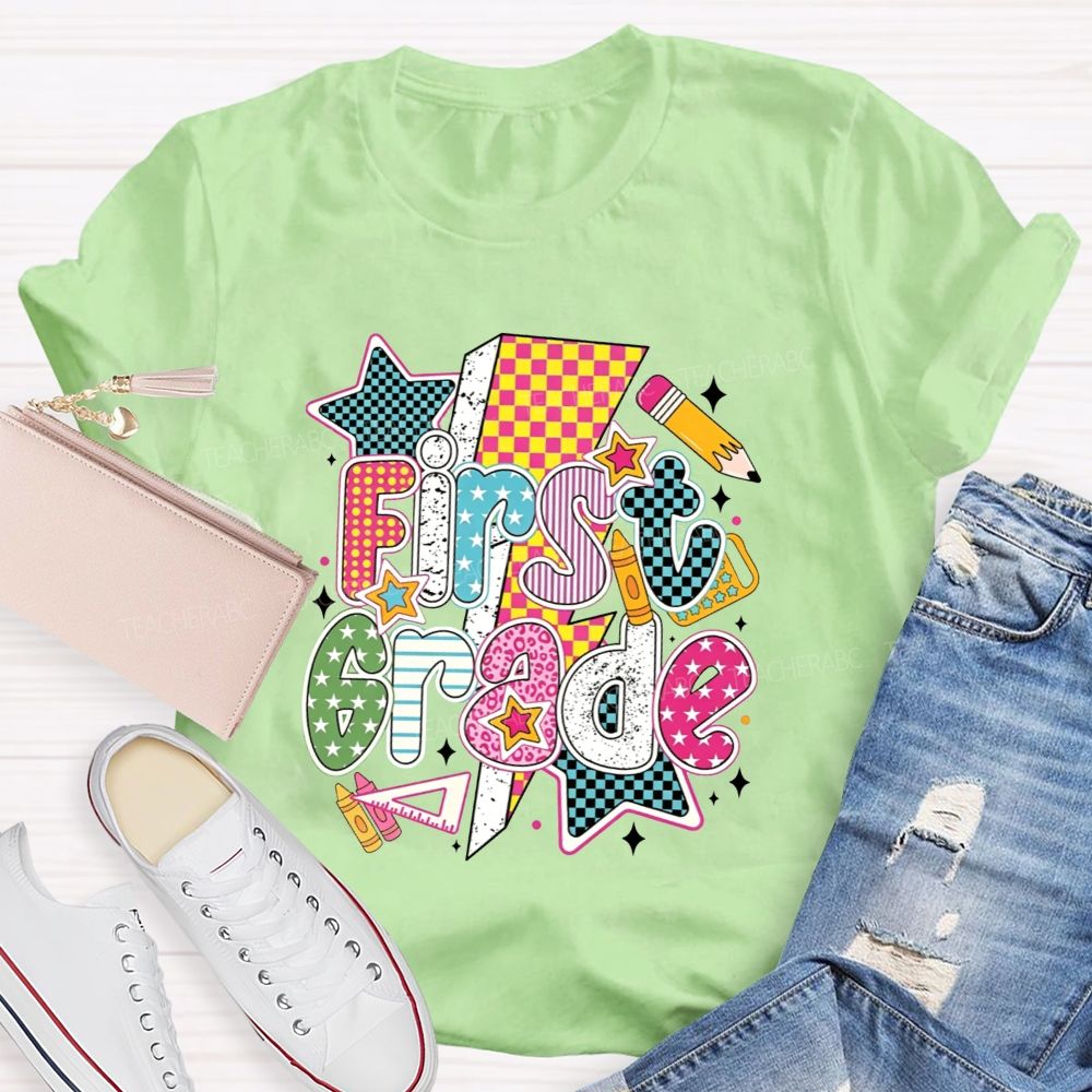 Personalized Grade Colorful Groovy First Grade Teacher T-shirt