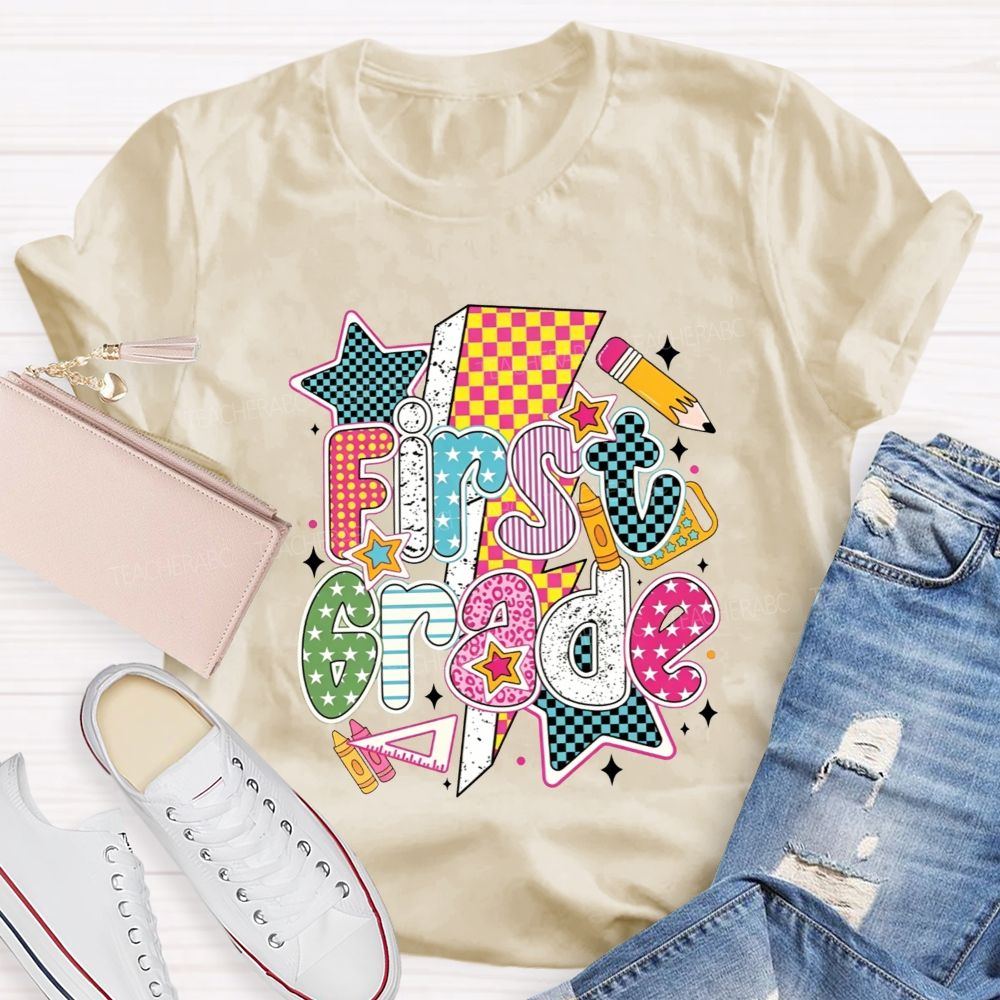 Personalized Grade Colorful Groovy First Grade Teacher T-shirt