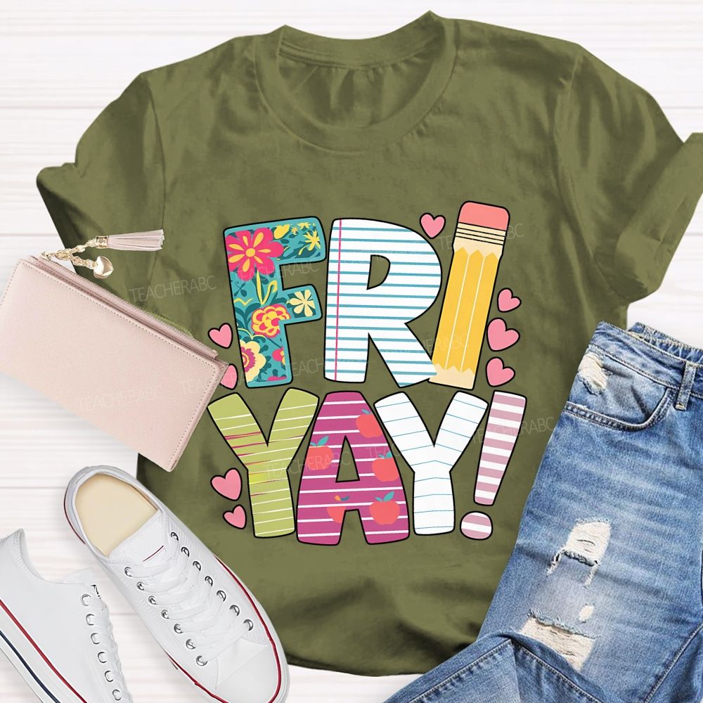 Friyay Friday Floral Pencil Apple Teacher T-shirt
