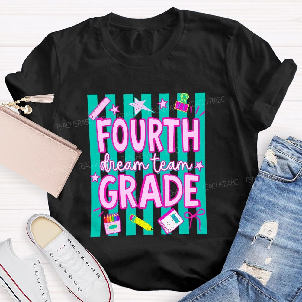 Personalized Grade Fourth Grade Dream Team Stripes Pencil Crayon Teacher T-shirt