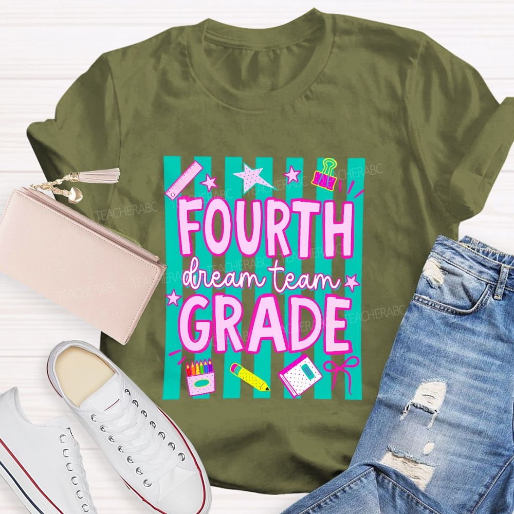 Personalized Grade Fourth Grade Dream Team Stripes Pencil Crayon Teacher T-shirt