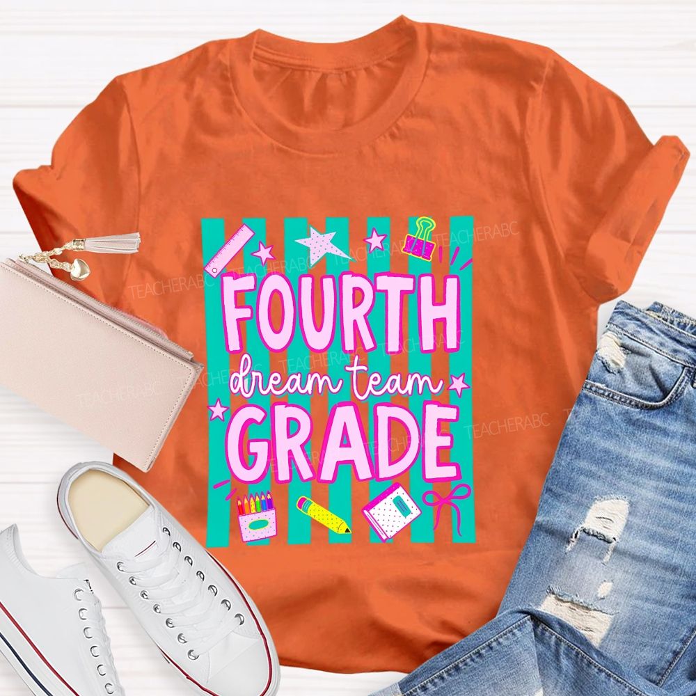 Personalized Grade Fourth Grade Dream Team Stripes Pencil Crayon Teacher T-shirt