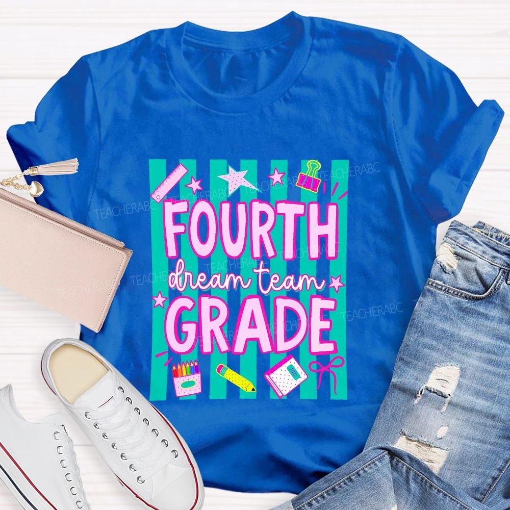 Personalized Grade Fourth Grade Dream Team Stripes Pencil Crayon Teacher T-shirt