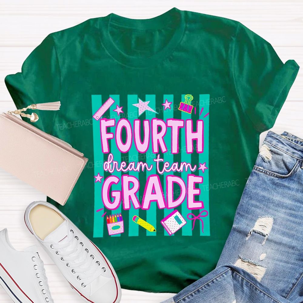 Personalized Grade Fourth Grade Dream Team Stripes Pencil Crayon Teacher T-shirt