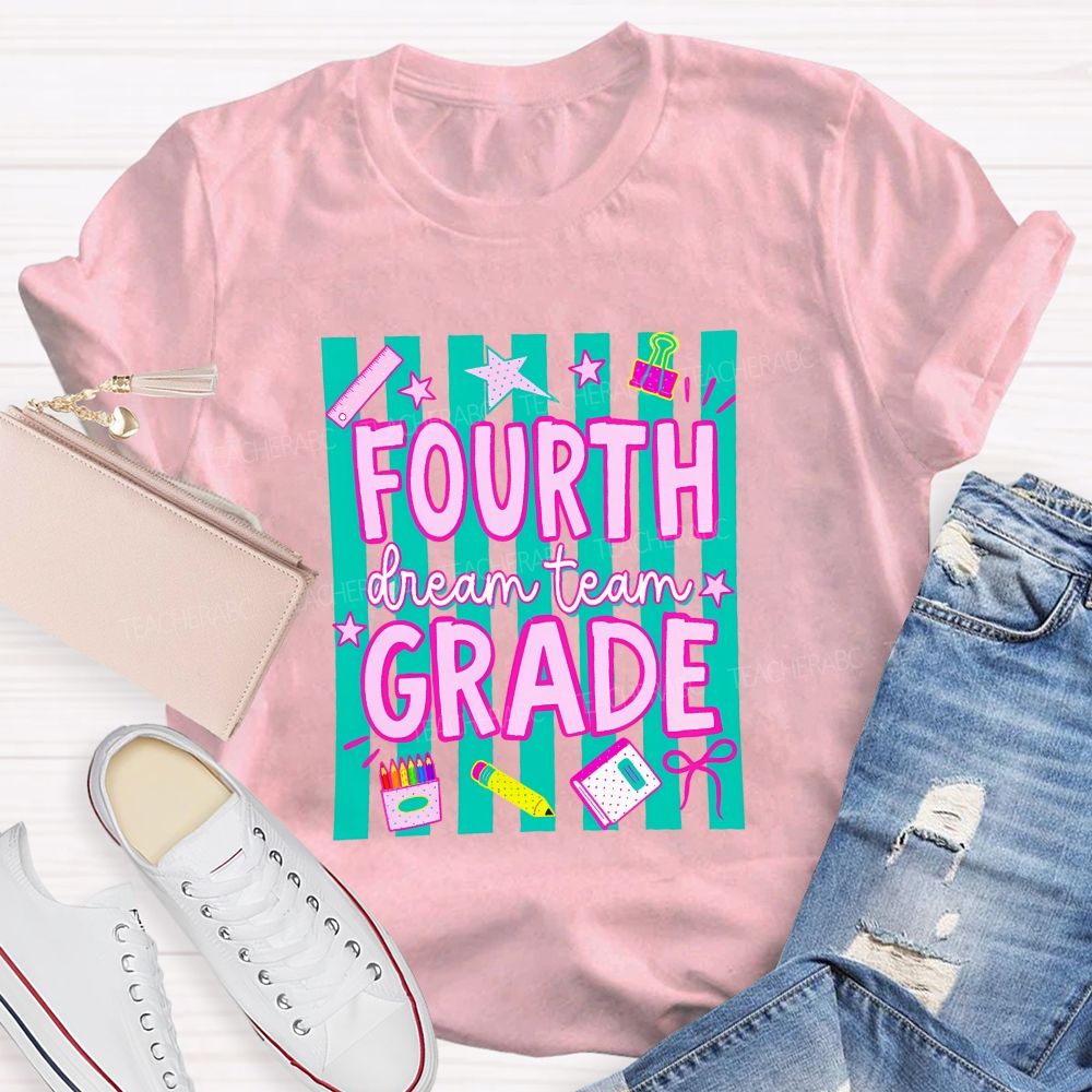 Personalized Grade Fourth Grade Dream Team Stripes Pencil Crayon Teacher T-shirt