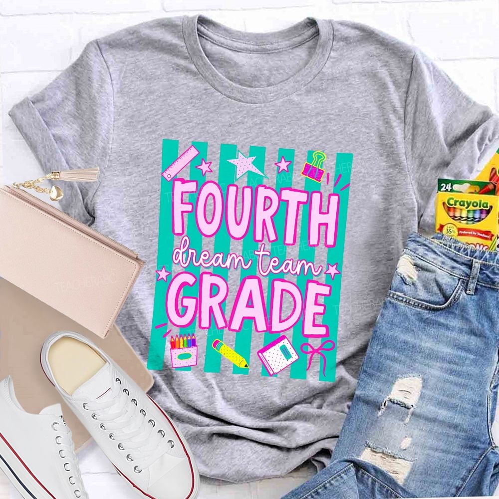 Personalized Grade Fourth Grade Dream Team Stripes Pencil Crayon Teacher T-shirt