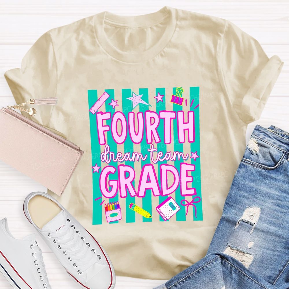 Personalized Grade Fourth Grade Dream Team Stripes Pencil Crayon Teacher T-shirt