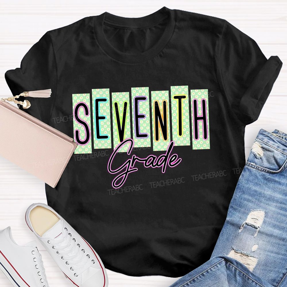 Personalized Grade Seventh Grade Daisy Floral Striped Letter Teacher T-shirt