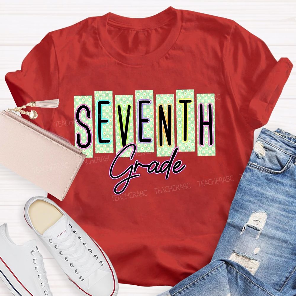 Personalized Grade Seventh Grade Daisy Floral Striped Letter Teacher T-shirt