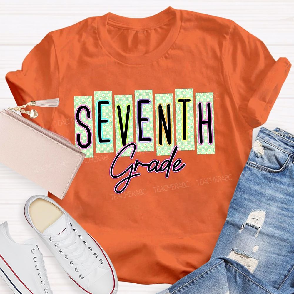Personalized Grade Seventh Grade Daisy Floral Striped Letter Teacher T-shirt