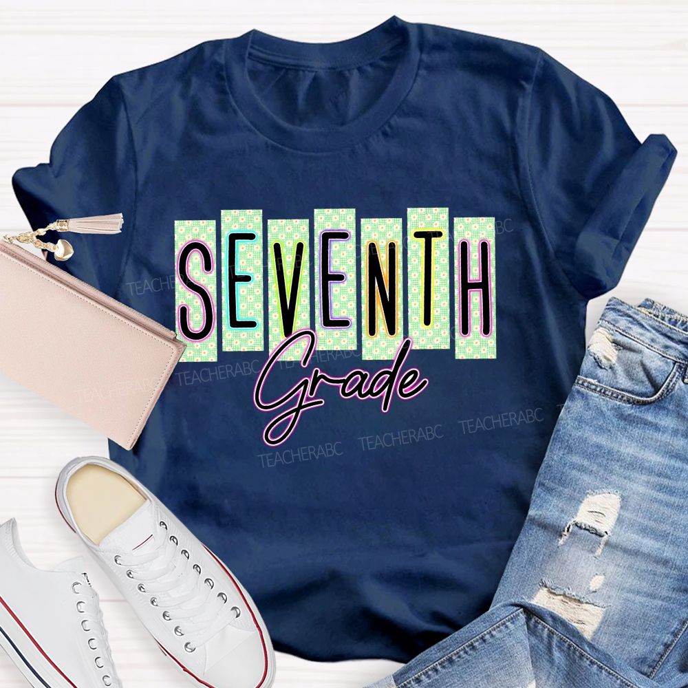 Personalized Grade Seventh Grade Daisy Floral Striped Letter Teacher T-shirt