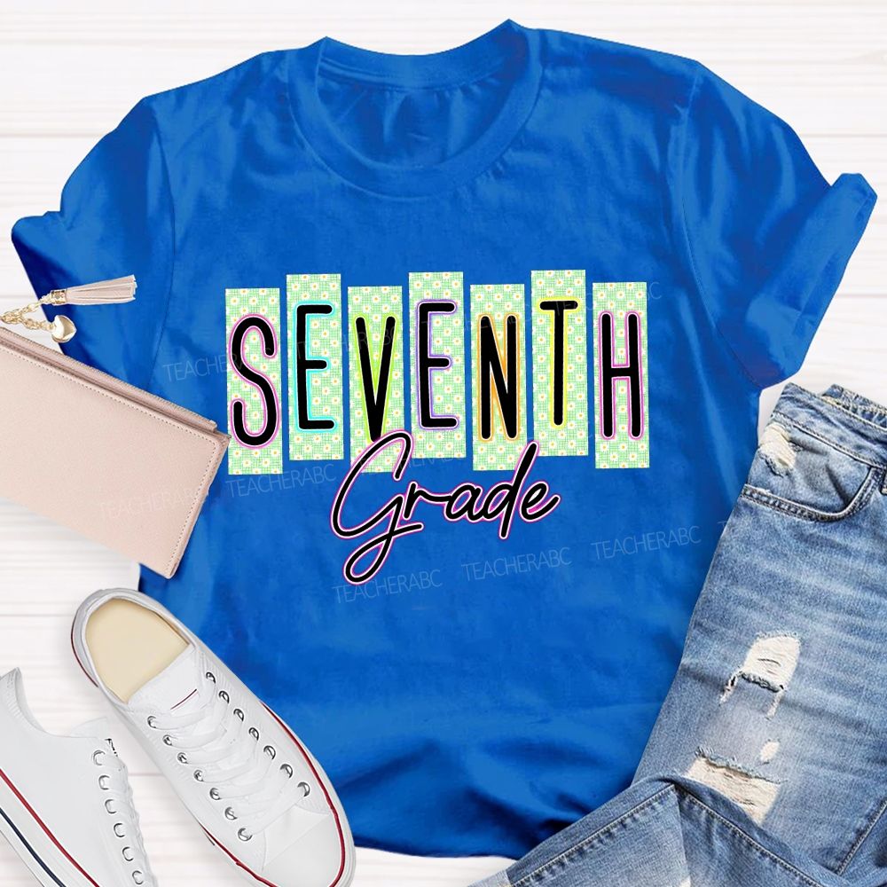 Personalized Grade Seventh Grade Daisy Floral Striped Letter Teacher T-shirt