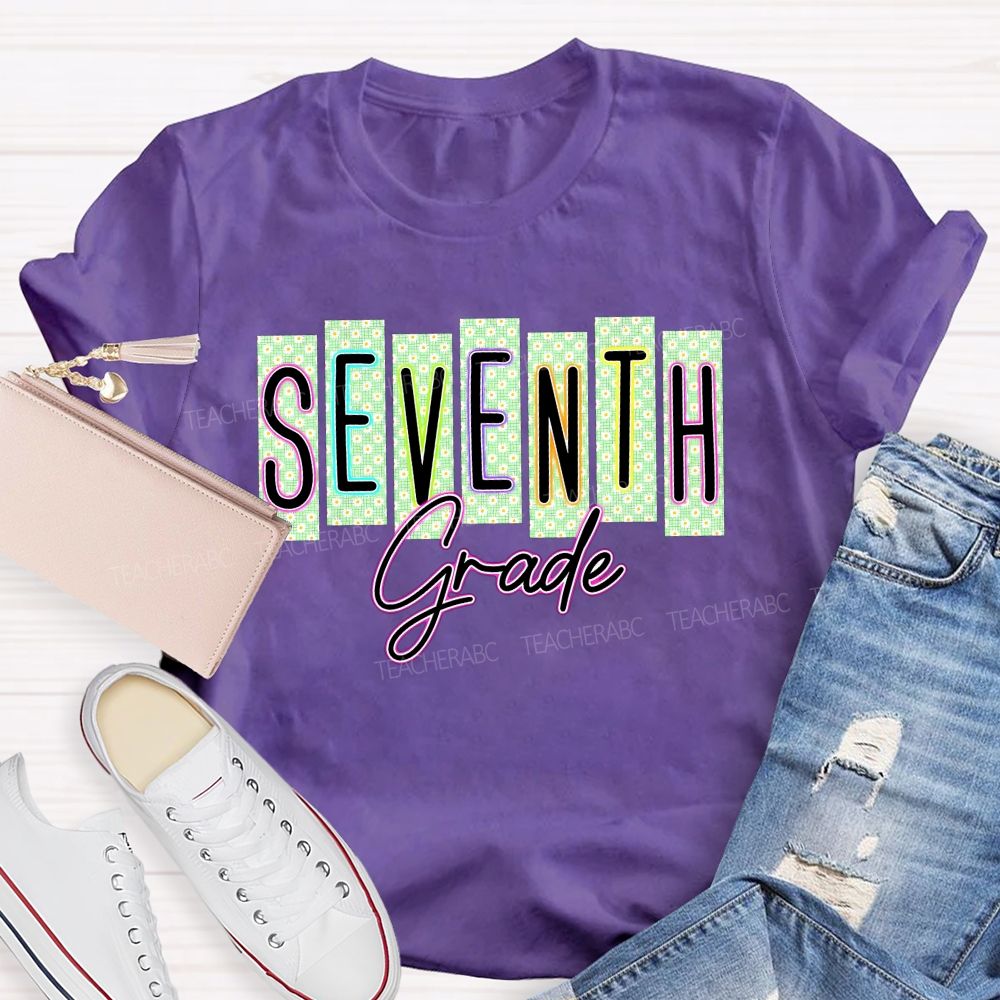 Personalized Grade Seventh Grade Daisy Floral Striped Letter Teacher T-shirt
