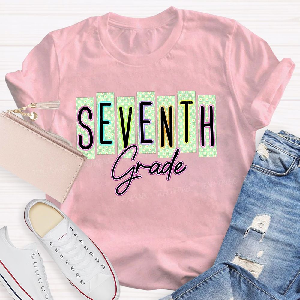 Personalized Grade Seventh Grade Daisy Floral Striped Letter Teacher T-shirt
