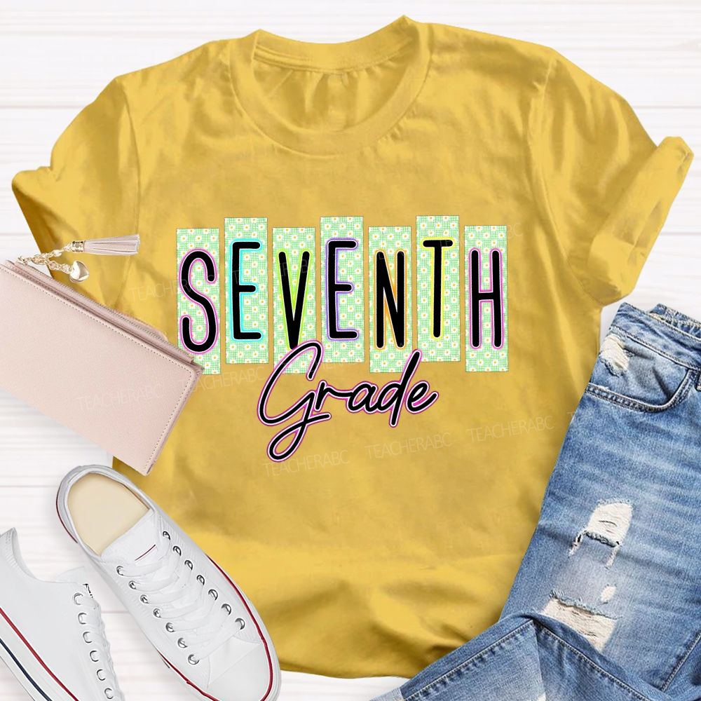 Personalized Grade Seventh Grade Daisy Floral Striped Letter Teacher T-shirt