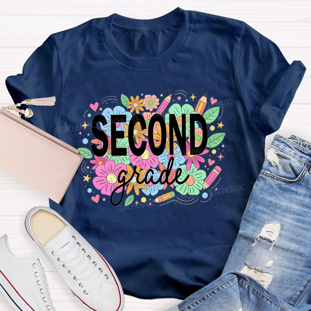 Personalized Grade Second Grade Wildflower Pencil Elementary Teacher T-shirt