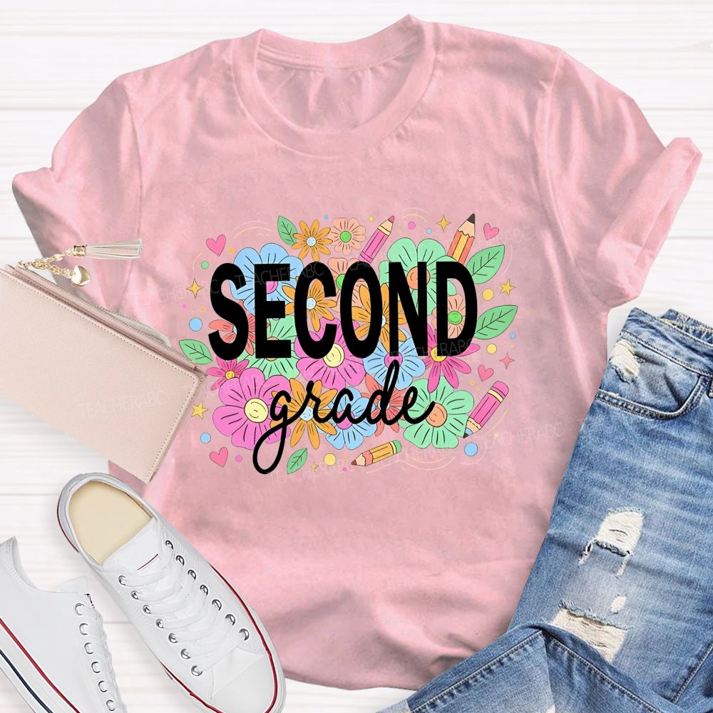 Personalized Grade Second Grade Wildflower Pencil Elementary Teacher T-shirt