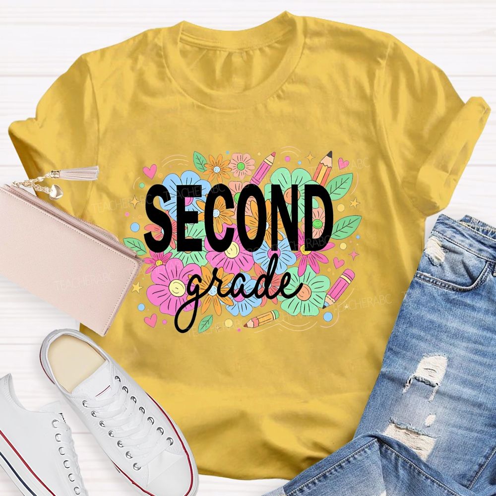 Personalized Grade Second Grade Wildflower Pencil Elementary Teacher T-shirt