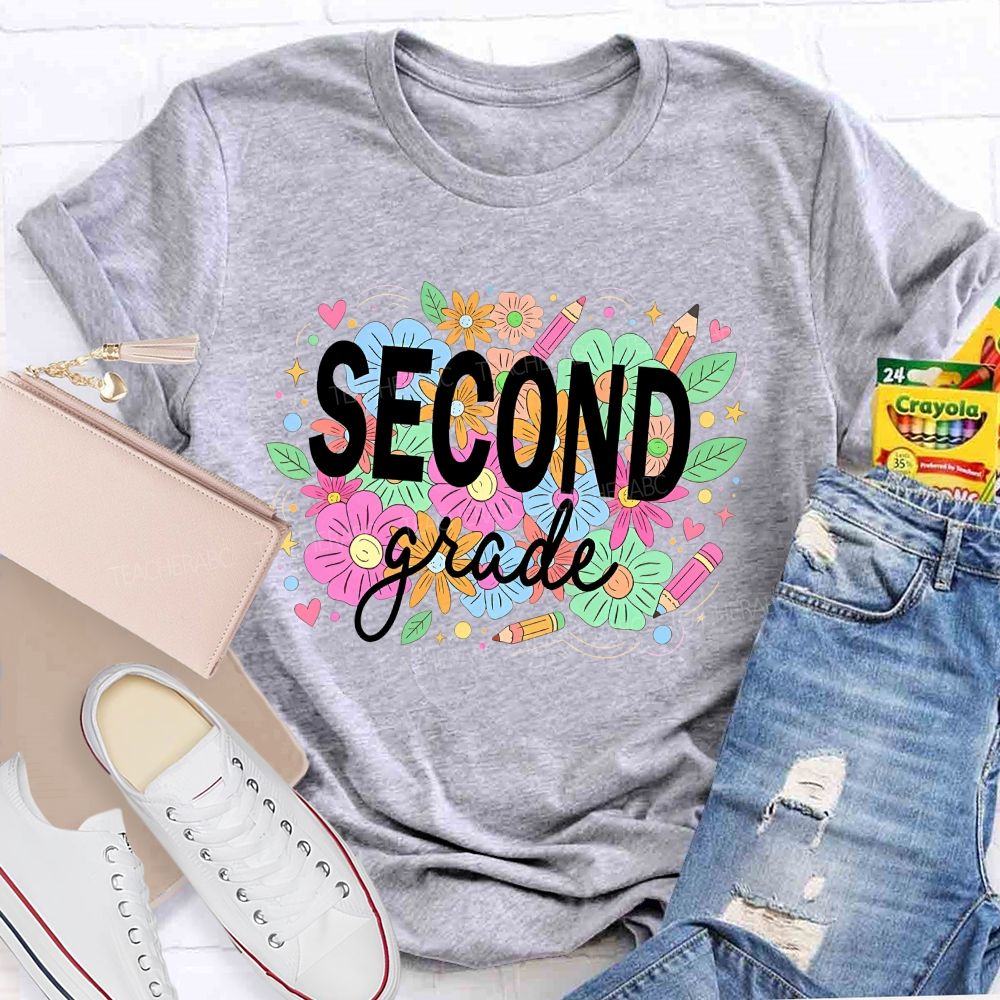 Personalized Grade Second Grade Wildflower Pencil Elementary Teacher T-shirt