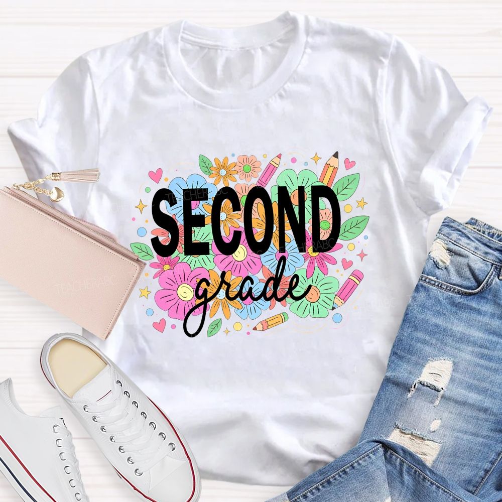 Personalized Grade Second Grade Wildflower Pencil Elementary Teacher T-shirt