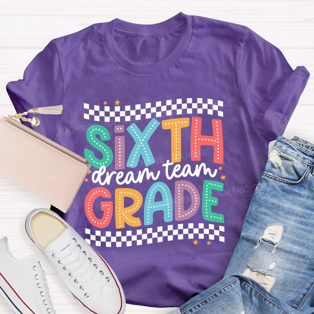 Personalized Grade Sixth Grade Dream Team Checkered Border Star Teacher T-shirt