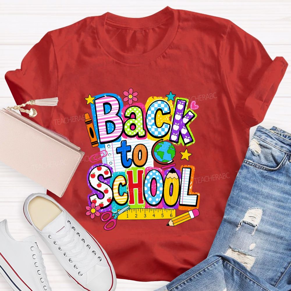 Back To School Mixed Pattern Letter Crayon Globe Teacher T-shirt