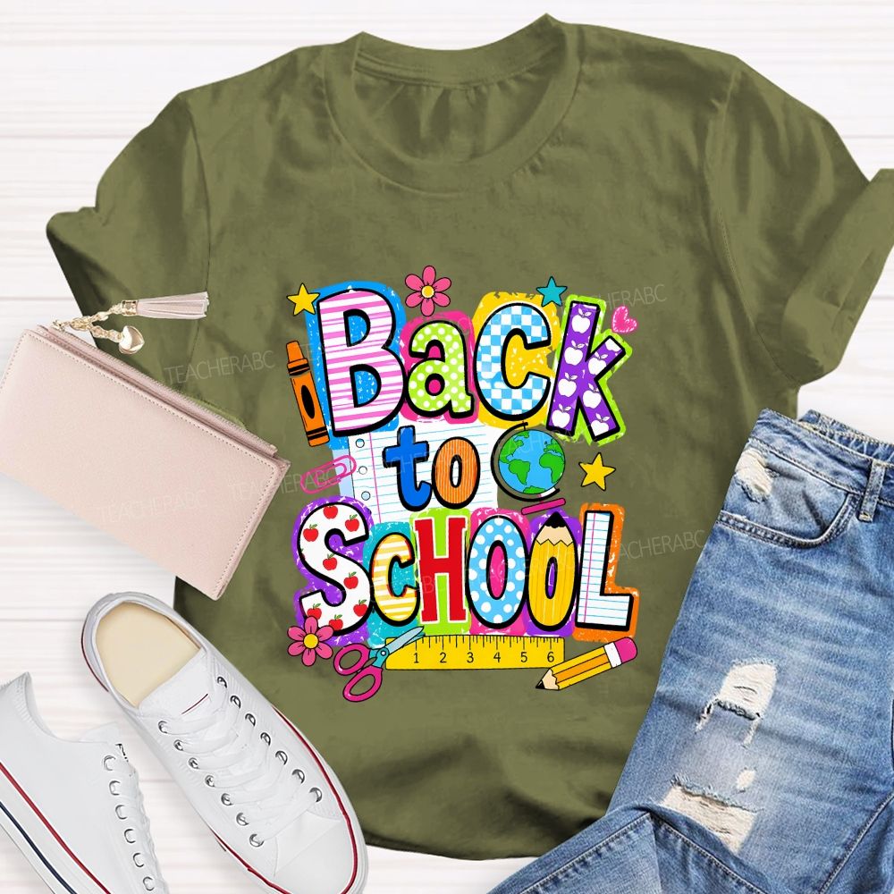 Back To School Mixed Pattern Letter Crayon Globe Teacher T-shirt