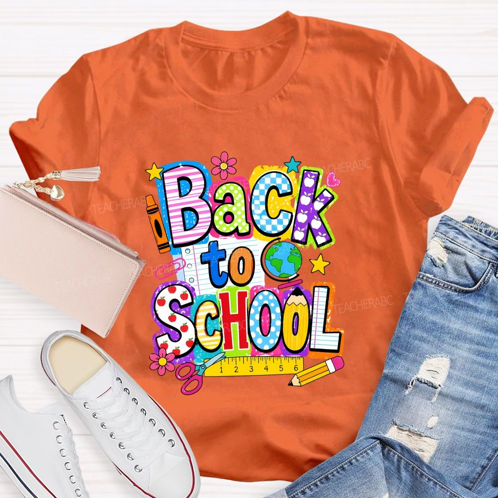 Back To School Mixed Pattern Letter Crayon Globe Teacher T-shirt