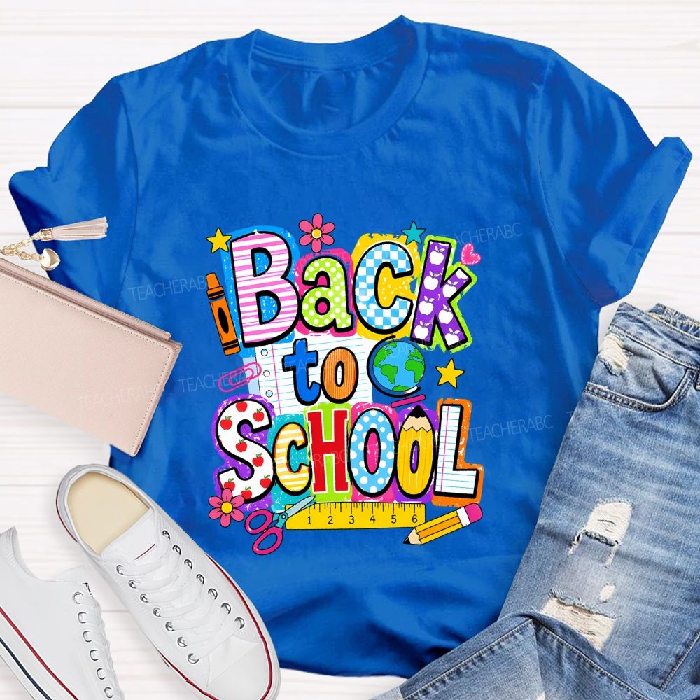 Back To School Mixed Pattern Letter Crayon Globe Teacher T-shirt