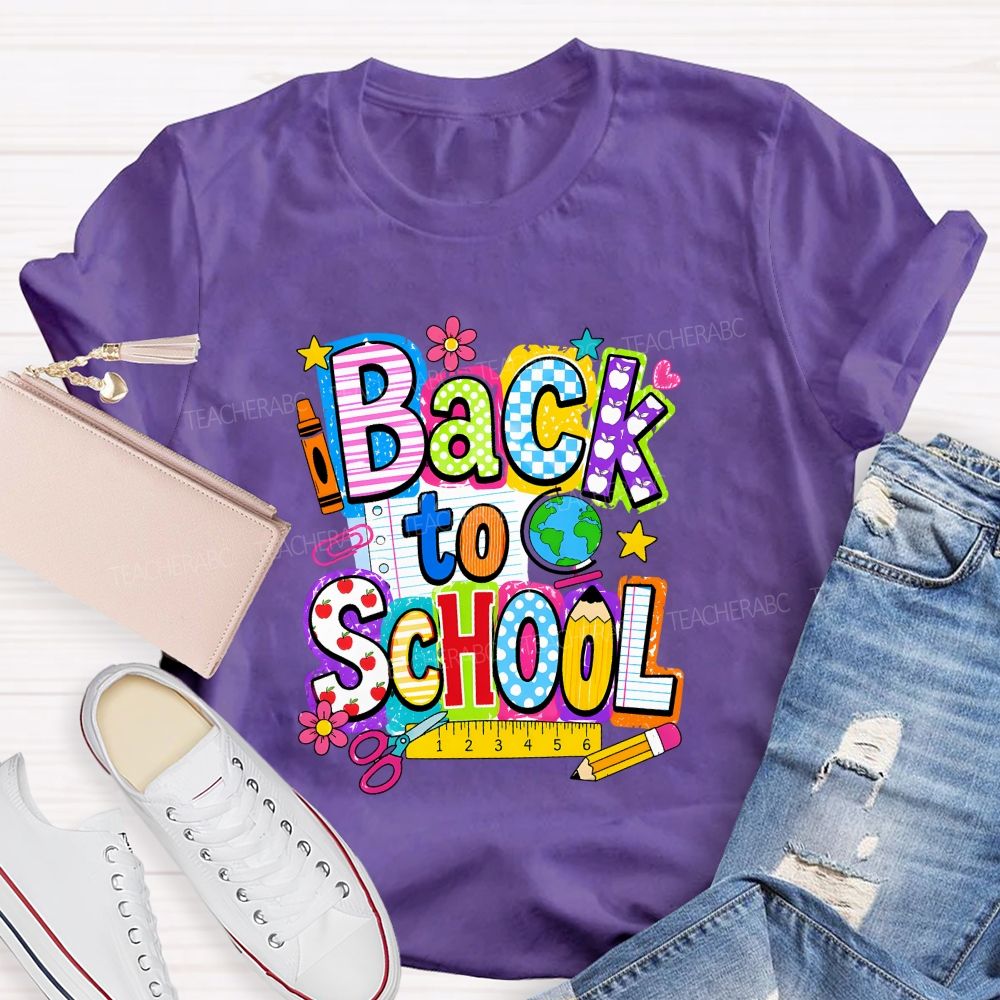 Back To School Mixed Pattern Letter Crayon Globe Teacher T-shirt