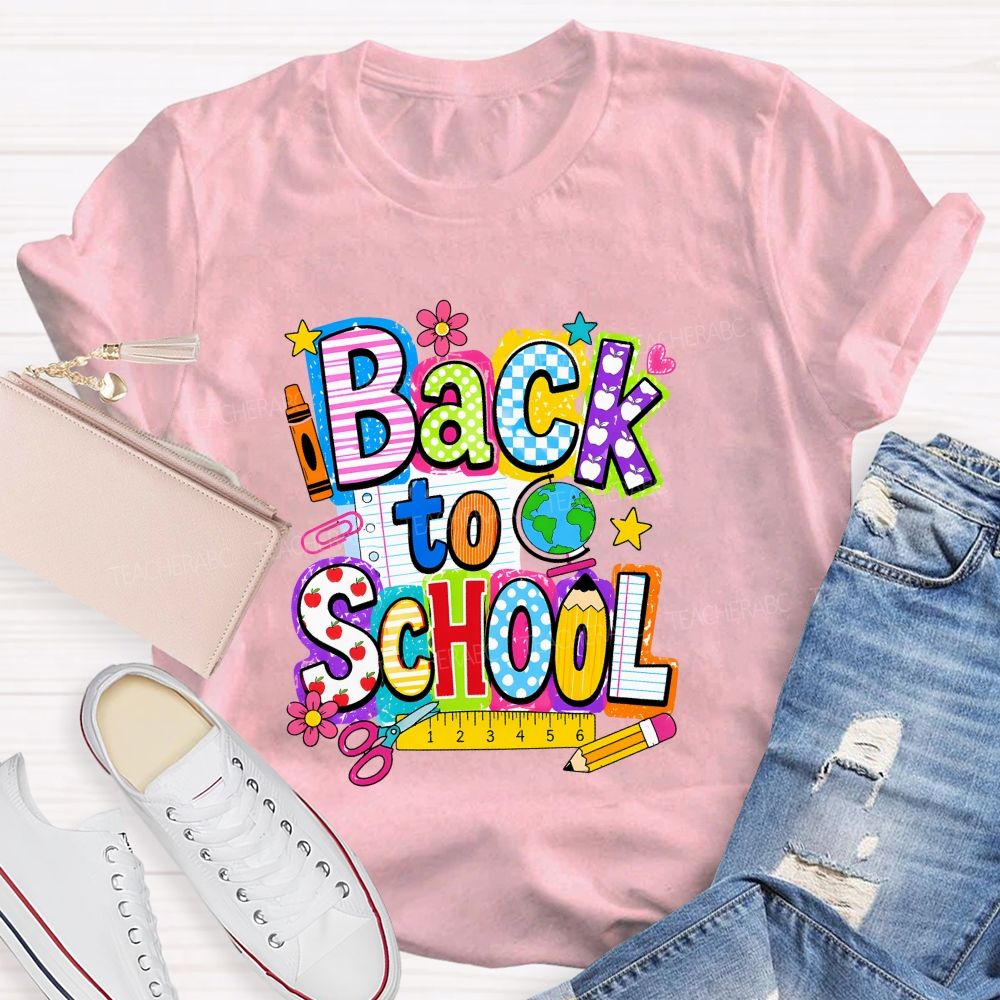 Back To School Mixed Pattern Letter Crayon Globe Teacher T-shirt