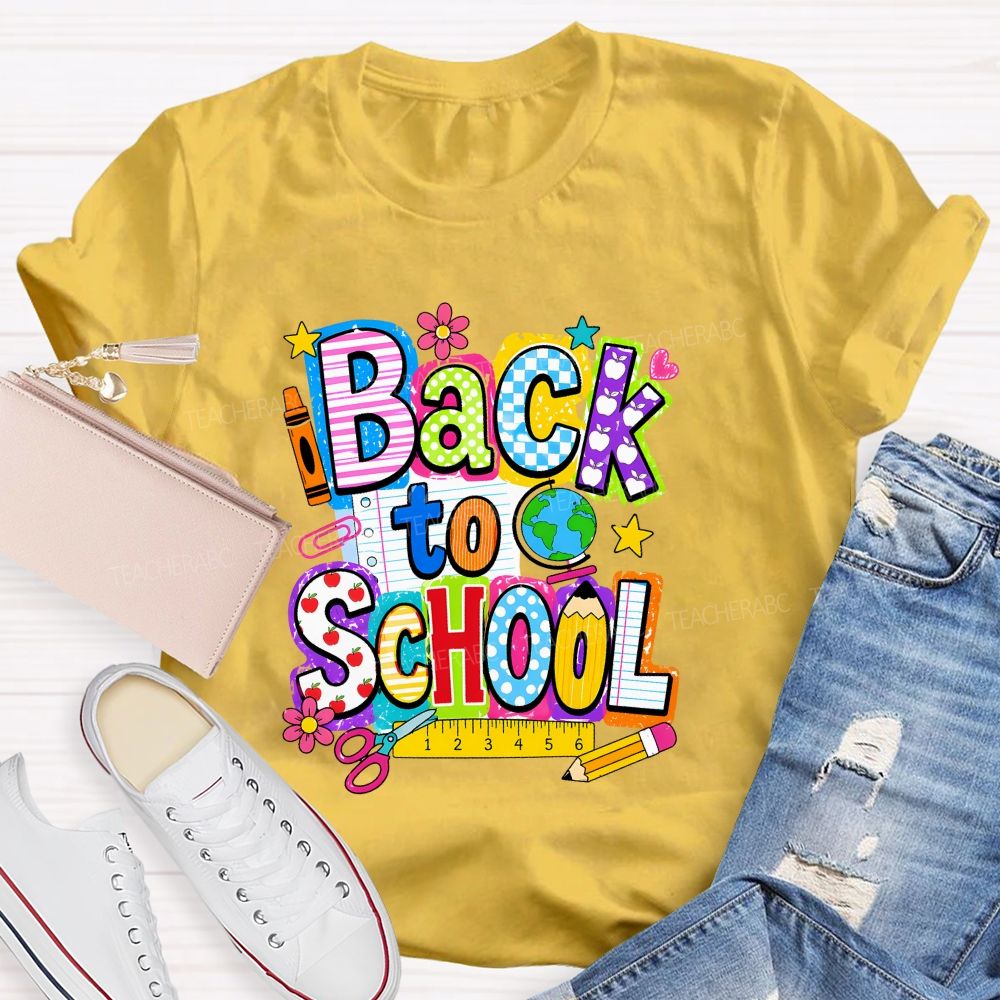 Back To School Mixed Pattern Letter Crayon Globe Teacher T-shirt